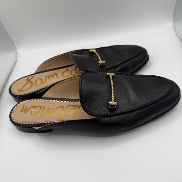 Sam Edelman Shoes - Sam Edelman Black Leather Mule Loafers Gold Bar Detail Size 9M